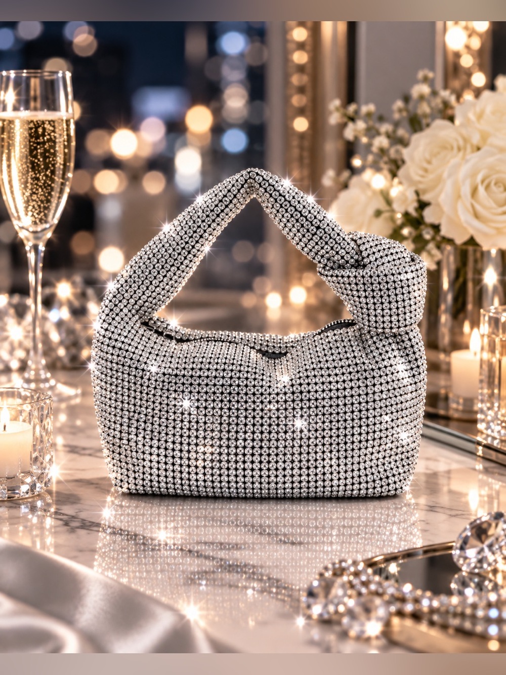 Sparkling Crystal Mesh Evening Bag in Silver